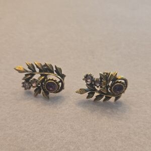 Vintage Coro Goldtone and Purple Floral Earrings Screwback 1950's